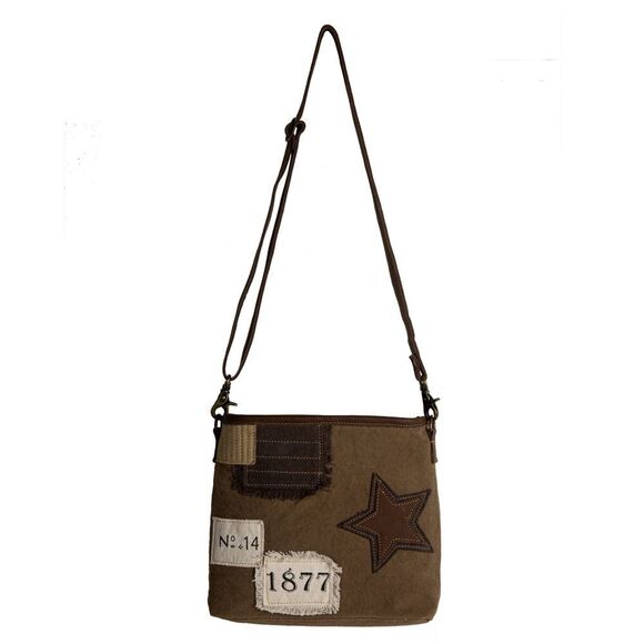 Myra Bag Handmade Patchwork Shoulder Bag Upcycled Canvas & Cowhide Leather - Picture 11 of 15